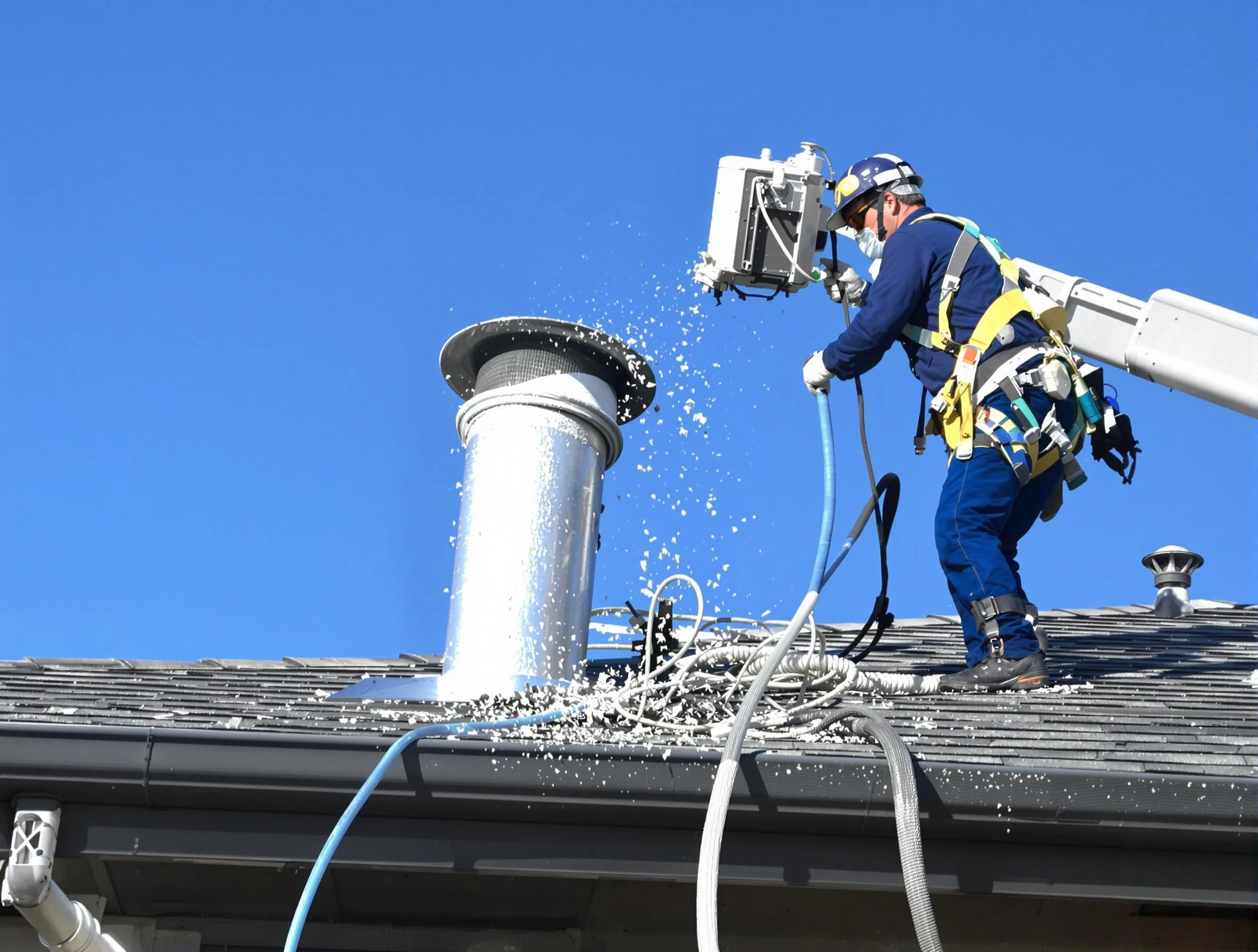 White City Dryer Vent Cleaning certified technician safely cleaning a roof-mounted dryer vent in White City
