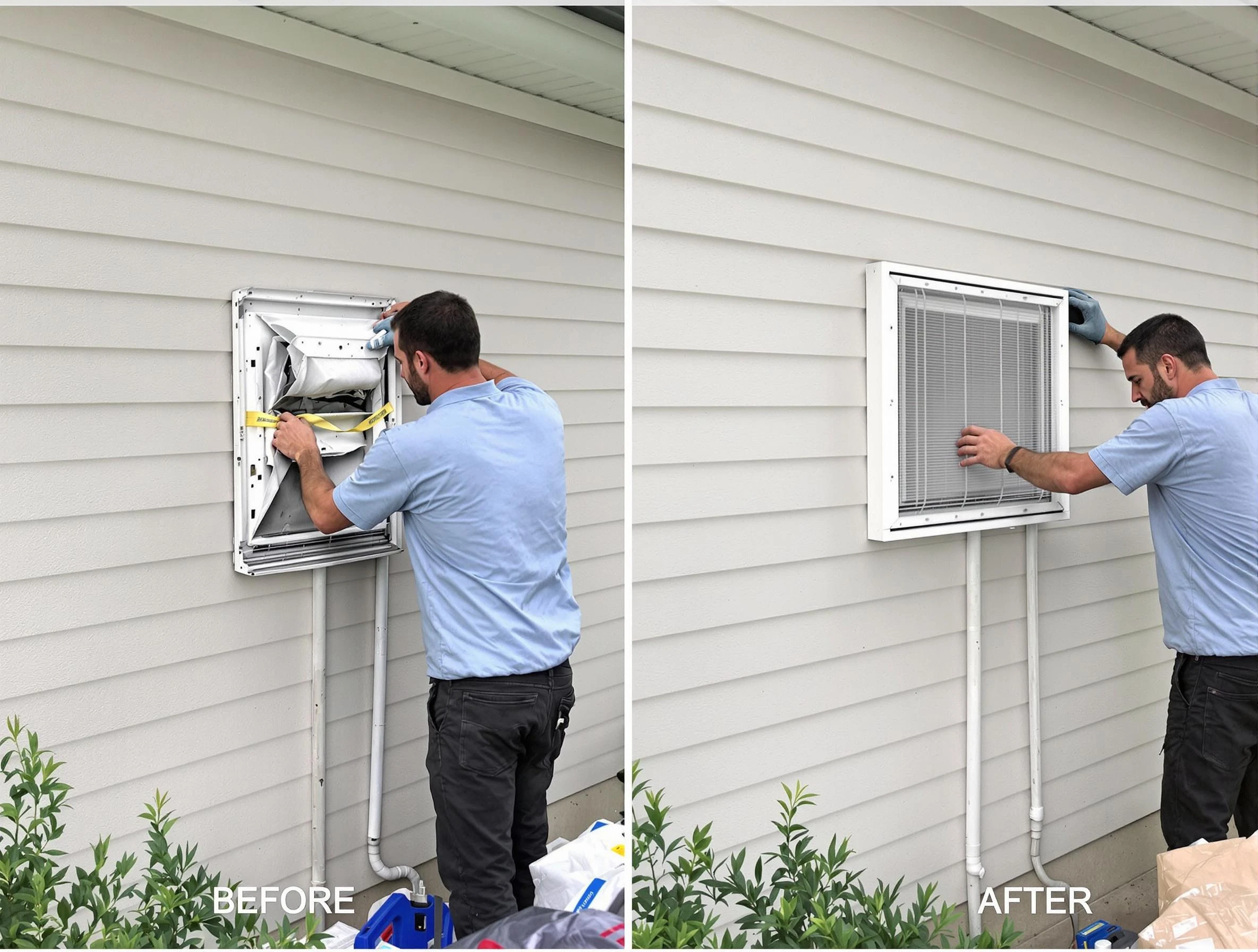 White City Dryer Vent Cleaning technician installing high-quality dryer vent cover at a residential property in White City
